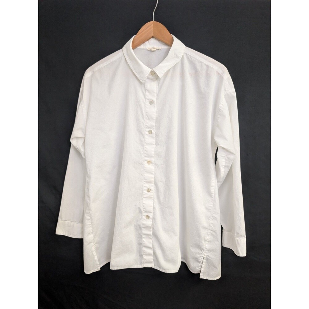 Eileen Fisher Petite PL White Organic Cotton Button Down Shirt Tunic Side Slits